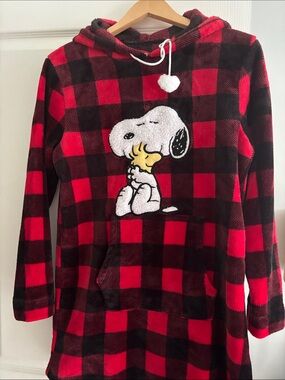 Peanuts Red & Black Plaid Hooded Pullover/PJ with Snoopy & Woodstock